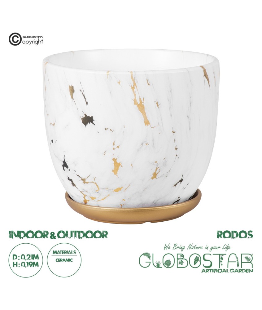 GloboStar® Artificial Garden RODOS 20461 Πήλινο Κεραμικό Κασπώ Γλάστρα - Flower Pot Λευκό με Χρυσό Φ21cm x Υ19cm